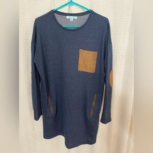 Blue dress with brown elbow patches